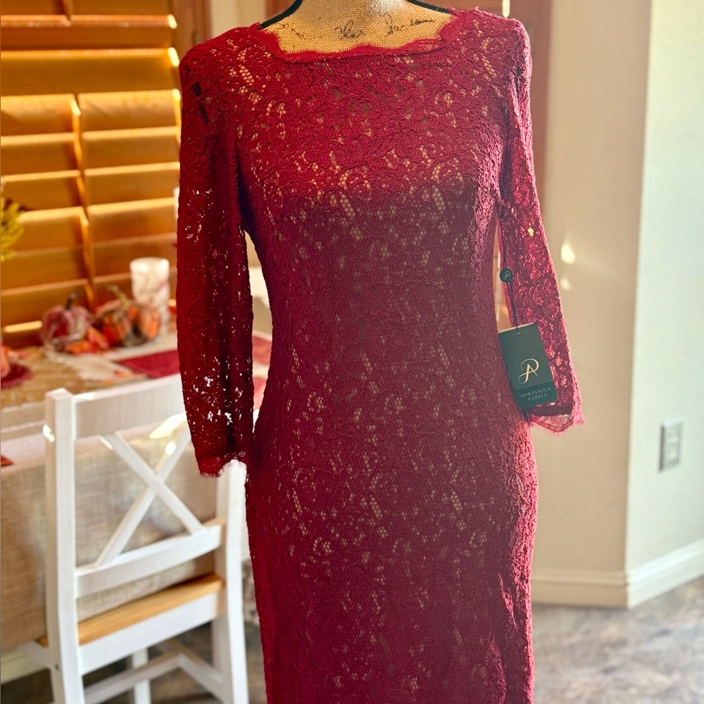 Adrianna Papell Red Lace Long Sleeve Dress